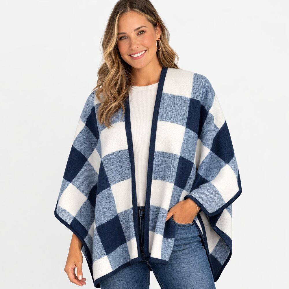 Woolrich Womens Reversible Buffalo Check Poncho Blue White Plaid Fleece Wrap OS